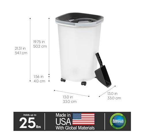 IRIS USA Dog Food Storage Container, Up to 25 lbs, Black, Made in USA | Includes 2-Cup Scoop & Wheels, Airtight Seal, BPA-Free, Bird Seed, Cat food, Chicken Feed, Treats, Keeps Kibble Fresh - color: Black, size: 25 lbs