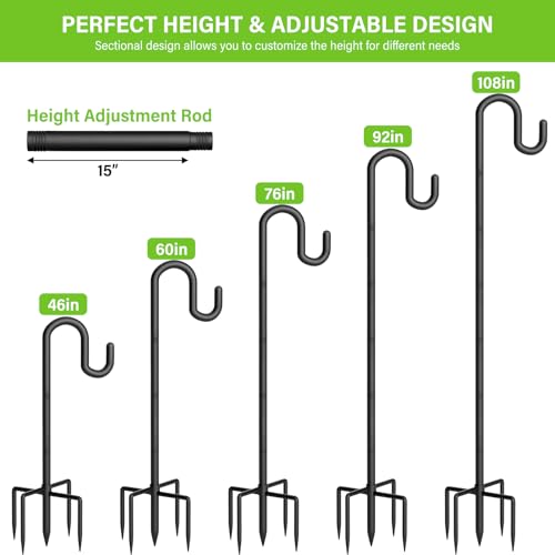 Shepherds Hook for Bird Feeder, 108" Extra Tall Double Bird Feeder Pole with 5-Prong Base, Heavy Duty Thickened Metal Shepherd Hook for Outdoor Plant Baskets, Lanterns, Black, 1 Pack - size: 108", style: 1 Pack