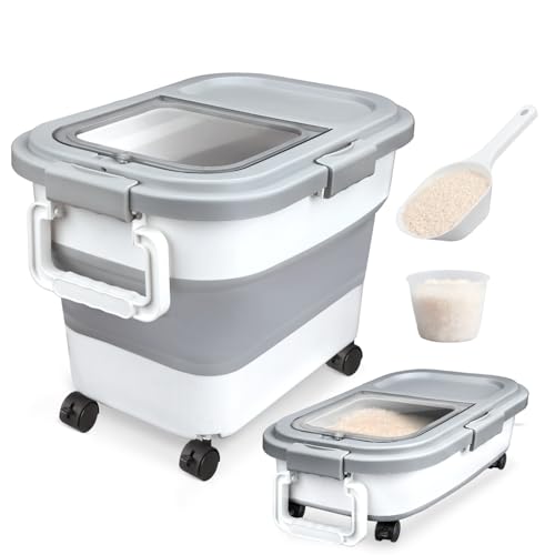 Rice Storage Container, Collapsible Airtight Food Storage Containers 20-30 Lbs, Rice Dispenser Bin with Cup and Scoop for Flour Cereal Pasta Grain, Cat Bird Pet Dog Food Storage Container - size: 20-30 Lbs