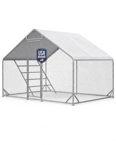 CHIKENCOOP 9.8 x 6.5 x 6.5 ft Metal Chicken Coop, Chicken Run with Cover | Walk-in outdoor enclosure with waterproof UV-resistant cover, reinforced frame, and 47 x 40 in eucalyptus perch - size: 118.0"L x 80.0"W x 80.0"H