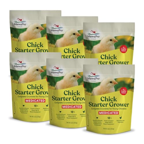 Manna Pro Medicated Chick Starter Grower Feed, 6 Pack, 5 lb Bags | Medicated Chick Starter Grower, Poultry Crumbles for Young Chicks, Supports Healthy Growth, Prevents Coccidiosis, 6 Pack - size: 80 Ounce(Pack of 6)