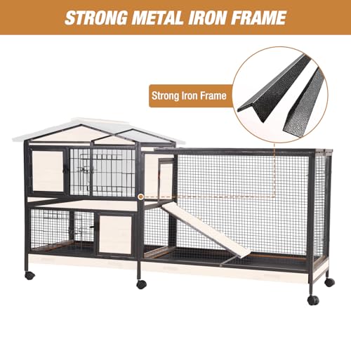 Rabbit Hutch Bunny Cage Strong Iron Frame Rabbit Cage Indoor and Outdoor Chicken Coop with Casters Waterproof Roof, Great for Rabbit,Bunny,Guinea Pig,Chickens. - size: 60.8"L x 22.6"W x 33.2"H