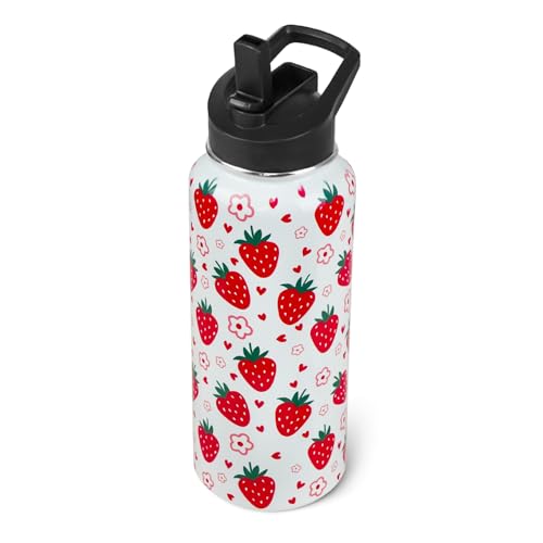 Strawberry Water Bottle with Straws Double Walled Vacuum Insulated Sports Bottle Strawberry Travel Thermal Cup Leak Proof Stainless Steel Tumbler Strawberry-theme Decor Gifts-32 oz - color: red strawberry