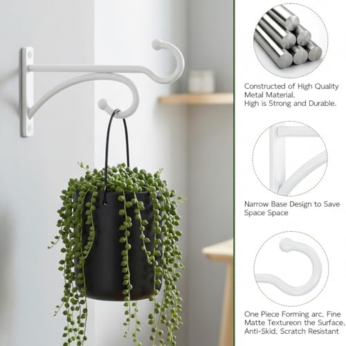 2Pack 6 Inch Plant Hangers Outdoor, Wall Hooks for Hanging Planters Baskets | Heavy-duty metal, indoor outdoor wall mount, for flower pots, wind chimes, lanterns, bird feeders, White - size: 6Inch 2Pack-White
