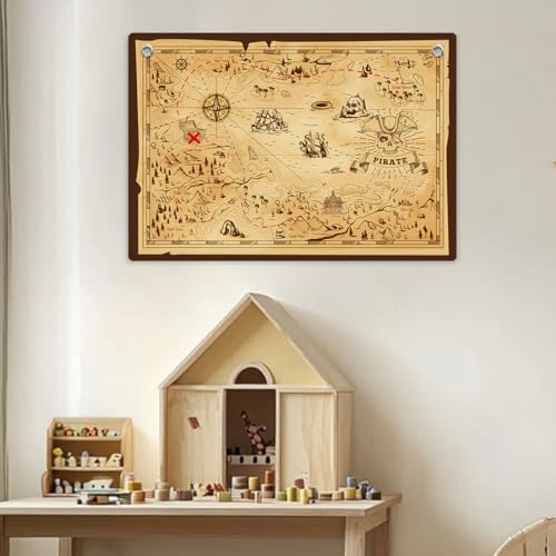 Pirate Treasure Map Background Banner Flag, Vintage Nautical Wall Art Decor | Vintage Pirate Treasure Map Banner Flag Wall Hanging Decor for Living Room Bedroom Office House - color: Multi