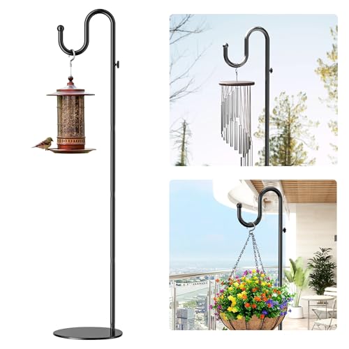 74" Shepherds Hook Stand: Hanging Bird Feeders, Plants, and Wind Chimes | Heavy Duty, Adjustable, Free Standing Pole Holder with Heavy Duty Base for Indoor & Outdoor, Holds Up to 20 LBS - color: Black