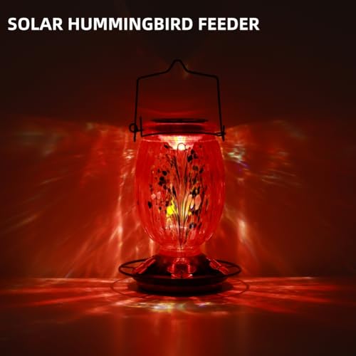 Solar Hummingbird Feeder for Outdoors Hanging Patio Designed 32 Ounces Colorful Hand Blown Glass Hummingbird Feeder 5 Feeding Ports with Perch Never Leak (Red)