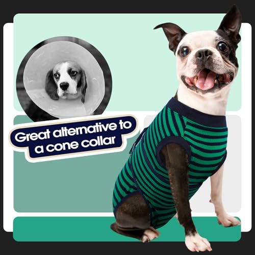 Dog Surgery Recovery Suit, Surgical Suit for Dogs Onesie for Surgery | Cone Alternative after Surgery, Abdominal Wound Protector, Onesie for Dogs after Surgery Spay Neuter, Green Black Stripes XS - color: Green Black Stripes, size: Xs(back:8.3-11.4in,wt:4