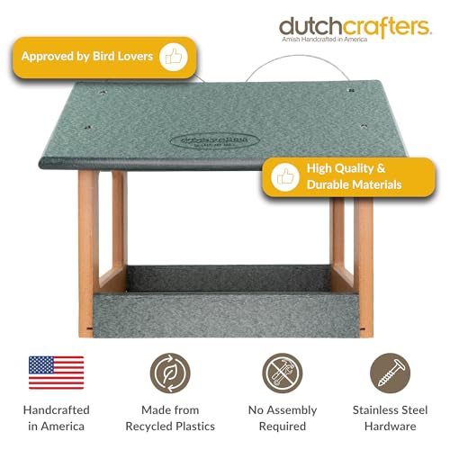 DutchCrafters Amish USA Made Recycled Plastic Large Hanging Modern Fly Through Covered Roof Open Platform Tray Bird Feeder for Outdoors, Garden, Yard (Turf Green & Bright Cedar) - color: Turf Green & Bright Cedar