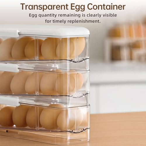 PAVSTINE 3-Tier Auto Rolling Egg Holder with Lid for Fridge, Clear | Stackable Egg Dispenser, Large Capacity Holds Up To 21 Eggs, Refrigerator ＆ Kitchen Countertop Storage - size: 3-Tier with Lid
