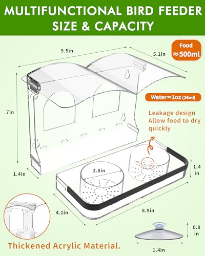 Window Bird Feeder with Strong Suction Cups, Clear Acrylic Design for Close-Up Bird Watching, Durable, Weatherproof, Easy to Install, Large Seed Tray, Drain Holes to Keep Food Dry, For Outdoor
