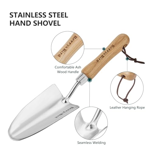 Berry&Bird Stainless Steel Trowel, Garden Small Flower Hand Shovel, Potting Soils Scoop with Wood Handle, Gardening Bonsai Tools for Transplanting Digging Weeding Planting | Stainless steel blade ergonomic wood grip & hanging loop. trowel for digging, wee