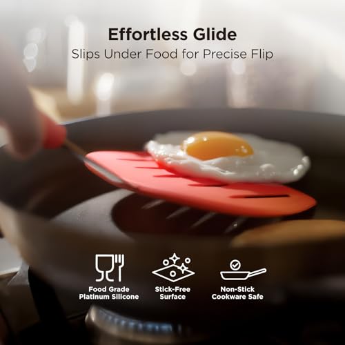 Kitchen Mama WaltzGrip Platinum Silicone Pancake Spatula Turner, Red | Heat-Resistant, Slotted Tapered Head, Stainless Steel Core, Durable and Dishwasher-Safe, For Flipping and Wok Use - color: Red