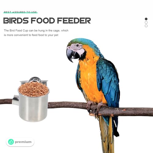 POPETPOP 2 Pcs Bird Parrot Feeding Double Cups with Clip - Stainless Steel Bird Bowls for Cage, Food Feeder Cups Hanging Bowl for Cage Stand Accessories