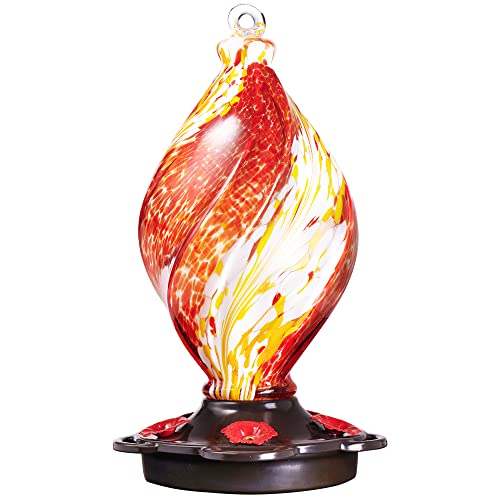 LUJII Ice Cream Shaped Spiral Hummingbird Feeder, Hand Blown Glass, 28 fl.oz, Leak Proof & Rustproof, Includes an Ant Moat for Outdoors Hanging, Unique & Stylish Garden, Outside & Backyard Decor (Red) - color: Red, size: Small
