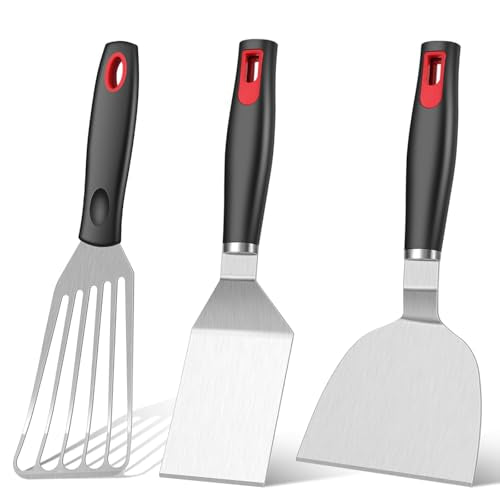 KLAQQED Spatula Set Stainless Steel Kitchen Metal Spatula for Cast Iron Skillet with Silicone Handle, Fish Spatula Turner Flipper for Pancake Burger Egg Cooking Spatulas BBQ Grill Griddle - color: White, Black