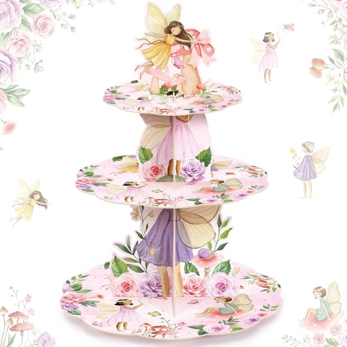 3 Tier Fairy Party Decoration Fairy Cupcake Stand Decoration Floral Cupcake Tower Woodland Garden Theme Cake Holder Table Display for Tea Birthday Party Supplies - style: Fairy