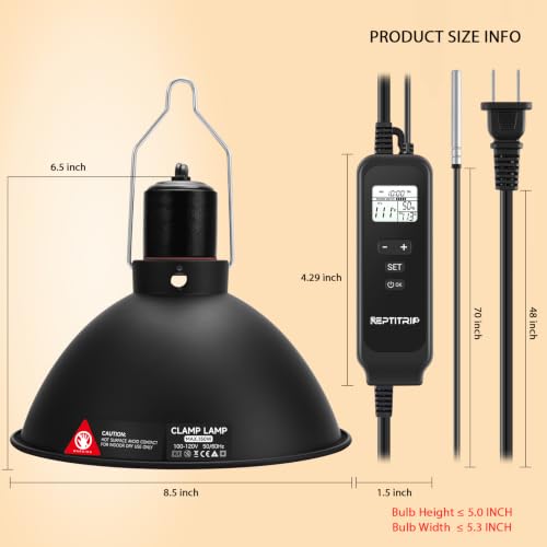 8.5" Reptile Heat Lamp Fixture with PID Dimming Thermostat, Independent Day Night Temperature Control, MAX 150W (Bulb Not Included) - size: 8.5 INCH