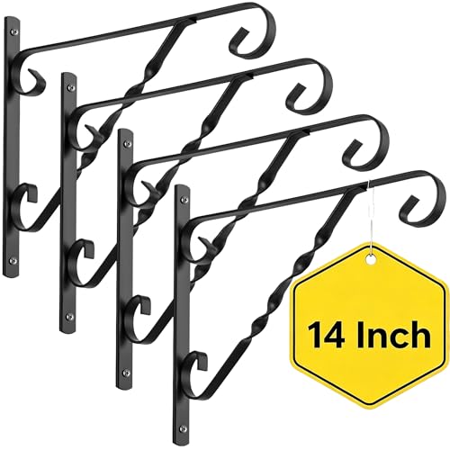 AMAGABELI GARDEN & HOME 4 Pack Hanging Plant Brackets Outdoor 14 inch Metal Fence Wall Plant Hanger Hooks for Hanging Flower Bird Feeders Lanterns Wind Chimes Rust-Resistant Black - size: 14 Inch, style: 4-Pack Twist Hook 1
