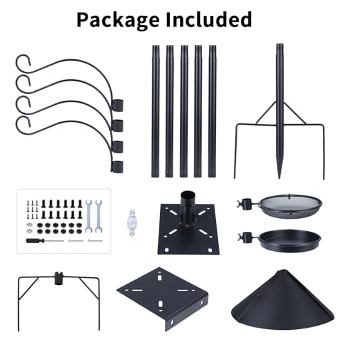 4 in 1 92 Inch Bird Feeder Pole with Squirrel Baffle | With Bath, Food Tray, 4 Hooks and Holds Cage, Metal, For Outdoors, Heavy Duty, Weatherproof