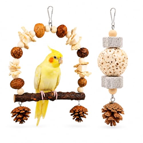 2 Pack Natural Bird Toys Set - Prickly Ash Wood Arch Swing with Walnuts & Cuttlebone - Sola Ball Shreddable Toy with Beak Grinding Pumice Stone, Cage Accessories for Cockatiel, Conure, Parakeets - color: Wood B(Sola Ball Set)