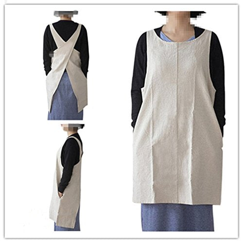 Cotton Linen Japanese Apron Halter Cross Back Bandage X Shape Aprons Two Pockets - color: Beige