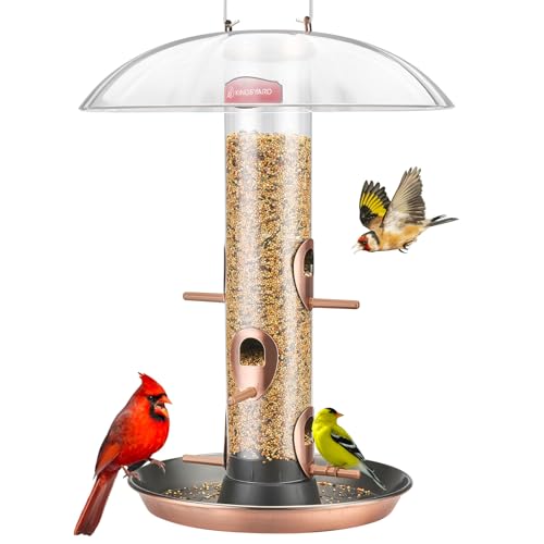 Kingsyard 6-Port Tube Bird Feeder for Outdoors Hanging | 9.5" Rustproof Metal Removable Tray, 11.5" Weatherproof Dome, 3 lb Seed Capacity, Garden & Backyard Birding Gift, Copper - color: Antique Copper