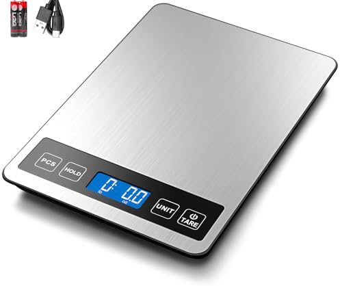 Fuzion Food Scale, 22lb/0.1oz Digital Kitchen Scale - 7 Units, Tare & PCS | Rechargeable Power, Tempered Glass & Stainless Steel - Digital Food Scale Grams and Ounces for Baking, Cooking, Weight Loss - color: Silver Blue