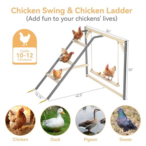 PETSFIT Chicken Perch, Solid Wood & Rustproof Iron Roosting Bar with Swing | Fits 8-10 Chickens, Promotes Natural Exercise, Easy to Assemble and Clean, Backyard Coops and Farms, All-Weather Outdoor Use - size: 43"Lx36"Wx32"H