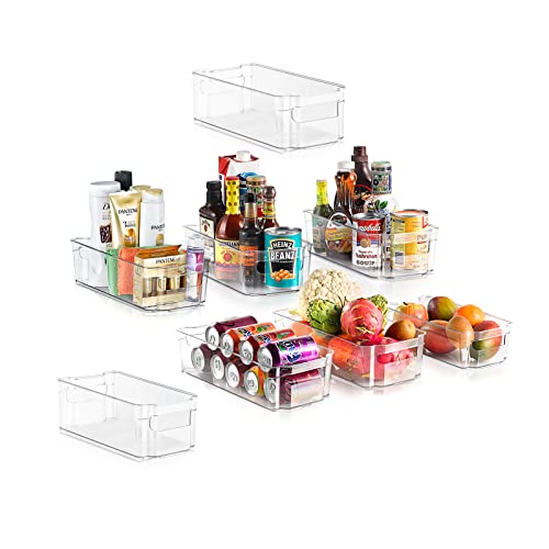 NutriChef Set of 8 Refrigerator Bins-4 Wide and 4 Narrow Stackable Fridge Organizers for Freezer, Kitchen, Countertops, Cabinets-Designed with Practical Carry Handles and Interior, 8 containers, Clear - style: 8-Piece