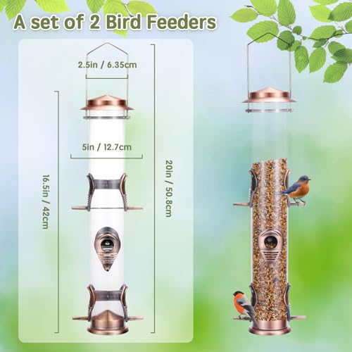 Metal Bird Feeder Tube Hanging Wild Bird Seed Feeder Aluminum Six Port Bird Feeders,1.4 mm Extra Thick Solid Tube Transparent with Steel Hanger Great for Attracting Birds (Antique Copper 2PK) - color: Antique Copper 2PK