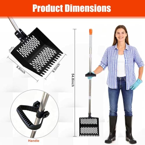 12inch Width Heavy Duty 2-in-1 Chicken Poop Scooper & Rake, Stainless Steel Chicken Coop Litter Sifting Shovel with Ergonomic Grip & Adjustable Angle, Sand Scoop for Coop, 37-54 Inch (12inch)