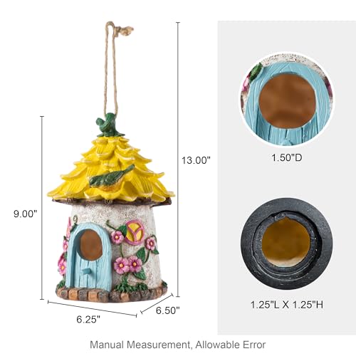 Glitzhome Bird Houses for Outside, 9" H Bluebird House Resin Yellow Roof Garden Hanging Birdhouses for Outdoors - color: 9"H Yellow