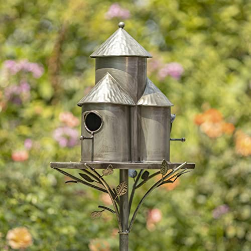 Zaer Ltd. Large Silver Colored Multi-Birdhouse Stakes, Room for 4 Bird Families in Each (Plump Triple Cylinder Homes (Silver Color)) - style: Plump Triple Cylinder Homes (Silver Color)