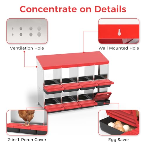 Garvee 8-Hole Chicken Nesting Box with Removable Lid, Metal Chicken Coop with Roll Away Design/Easy Egg Collection/Ventilation Holes, for Chicken Coops, Duck Coops and Hens (RED) - color: RED, size: 8-Hole