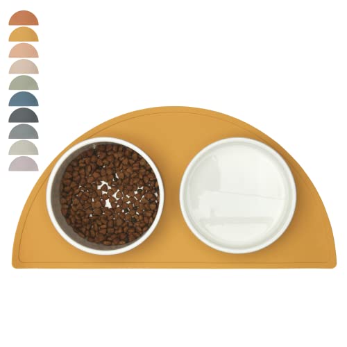 Waterproof Silicone Dog Food Mat – Medium Size Non-Slip Pet Bowl Mat, Raised Edge Design, Easy-to-Clean Pet Food Placemat for Dog & Cat Bowls, 21" Across x 10.5" Deep - Honey - color: Honey, size: Medium
