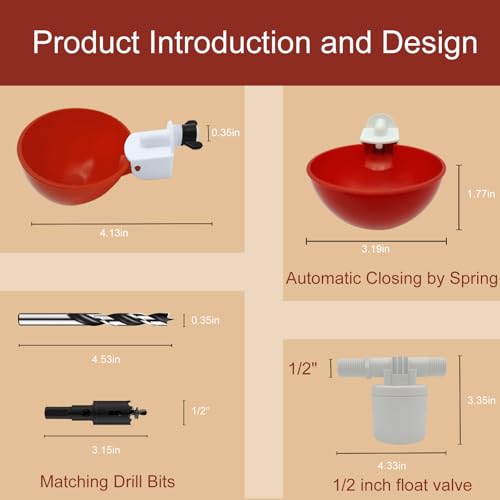Automatic Chicken Waterer Set - 4 Chicken Water Cups, Float Valve, Drill Bit, 4 Hose Clamps, Teflon Tape - Easy Installation, Fits Chickens, Ducks, Quails, Various Poultry