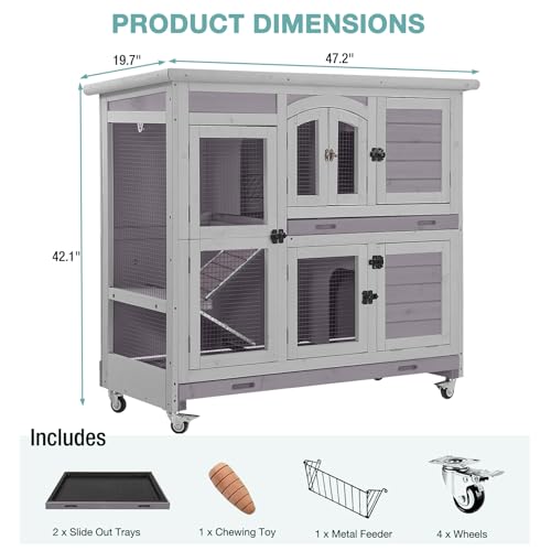 2-Tier Indoor Rabbit Hutch Bunny House Guinea Pig Cage with Sliding Plastic Trays, Wheels & Ramp, 47.2" Multi-Door Wooden Small Animal Cage for Rabbits, Bunnies, and Guinea Pigs (Grey) - color: Grey
