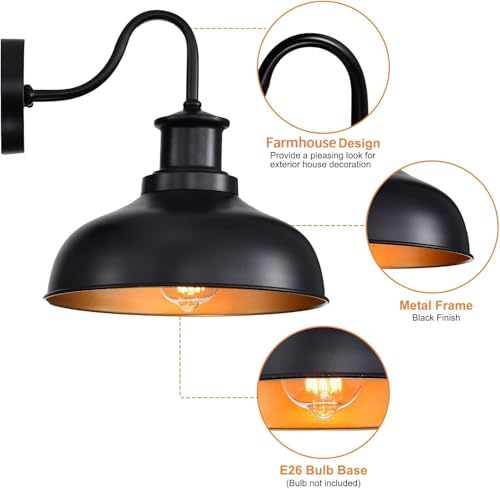 Outdoor Barn Lights, Farmhouse Outdoor Wall Sconces, Rustic Exterior Wall Mount Lights, Vintage Outside Lighting Fixtures, Industrial Black Gold Lanterns for Barn Shed Porch Garage Patio, 2 Pack - color: Black+Gold, size: 02RZ007-2 PACK(Not Dusk to Dawn)