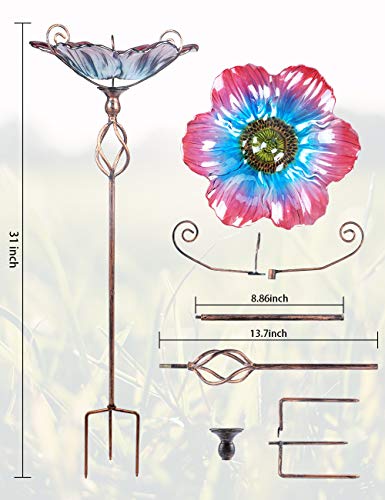 Glass Birdbath Birdfeeder with Metal Stake Garden Yard Outdoor | 31inch height stain glass bird bath for outside, flower bird bath bowl,attract wild birds and beautify outdoor gardens - color: Multi