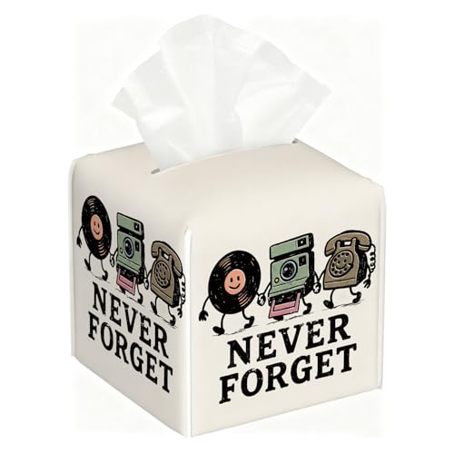 Retro Nostalgic Tissue Box Cover, 5.2-Inch Square PU Leather Holder with Cartoon Record/Camera Pattern & “Never Forget” for Living Room/Bathroom, Gift for Retro Style Lovers & Housewarming - color: White Decoration Theme-07