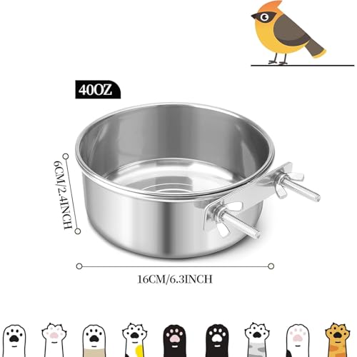 Bird Cage Feeder, Bird Feeder for Cage, 40oz Stainless Steel Food Water Bowl with Clamp, Clip-On Cage Coop Cup for Parrot Hamster Rabbit Rat Small Animals - color: 40oz Stainless Steel Bowl with Clamp