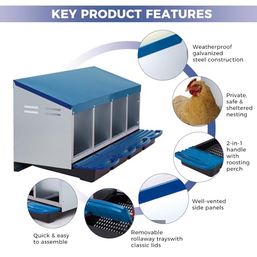 4 Hole Chicken Nesting Boxes, Weatherproof Galvanized Steel Chicken Egg Laying Box with Automatic Rollout Egg Collection, 2-in-1 Handle Perch, Easy Clean & Quick Assemble for Chicken Coop - color: Blue, size: 4 holes