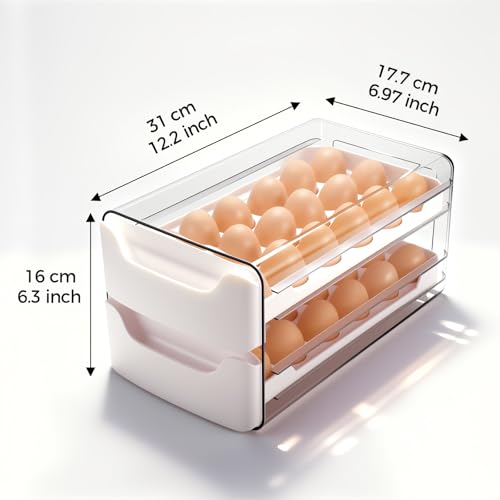 Egg-Holder for Fridge, Fits Small to Large Eggs, White | 36 Egg-Storage for Refrigerator Countertop, 2 Tier Dispenser with Drawer, Stackable Clear Egg Tray Container - size: 2 Tier-White