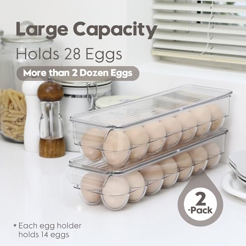 Sea Team Stackable Clear Acrylic Refrigerator Egg Tray, 14-Slot, 2-Pack | Transparent Design, Crystal Visibility, Lidded, Versatile Egg Organizer Dispenser for Fridge and Kitchen Countertop Storage - size: 14.6 x 4.3 x 5.5" / 2-Pack
