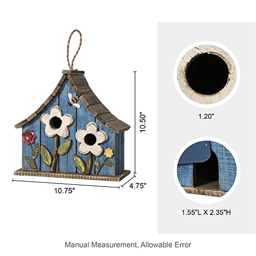 Glitzhome Hanging Birdhouses for Outdoors, 10.75" L Distressed Solid Wood Birdhouse Bird Nesting Box with 3D Flowers Rustic Hand-Painted Bird Houses for Outside - color: 3D Flowers Washed Blue
