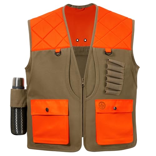 BASSDASH Upland Game Field Water-Resistant Bird Hunting Vest with Multi Pockets Men Women FV11 - color: Dark Khaki/Blaze Orange, size: 3X-Large
