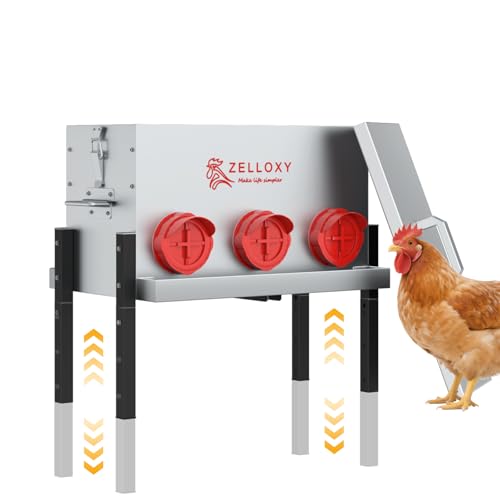 No-Waste Automatic Chicken Feeder, 30 lb Galvanized Metal Poultry Feeders with Adjustable Height, Locking Lid, Feeding Through, Feeder Box Stands for Chicks, Duck, (6 Ports)