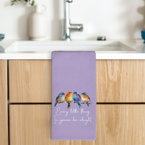 Every Little Thing is Gonna Be Alright Kitchen Towels 16x24 Inch, Sparrow Bird Gifts for Bird Lovers Women, Inspirational Quotes Tea Hand Towels(Purple) - color: Purple