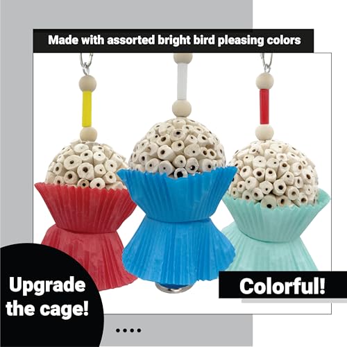 1927 Large Sola Cake Wood Ball & Paper Cupcake Cup Bird Toy - Shredding & Foraging Parakeet Toys - Natural Bird Cage Accessories for Small Med and Large Birds - Destructible Bird Chew for Cage - size: Large